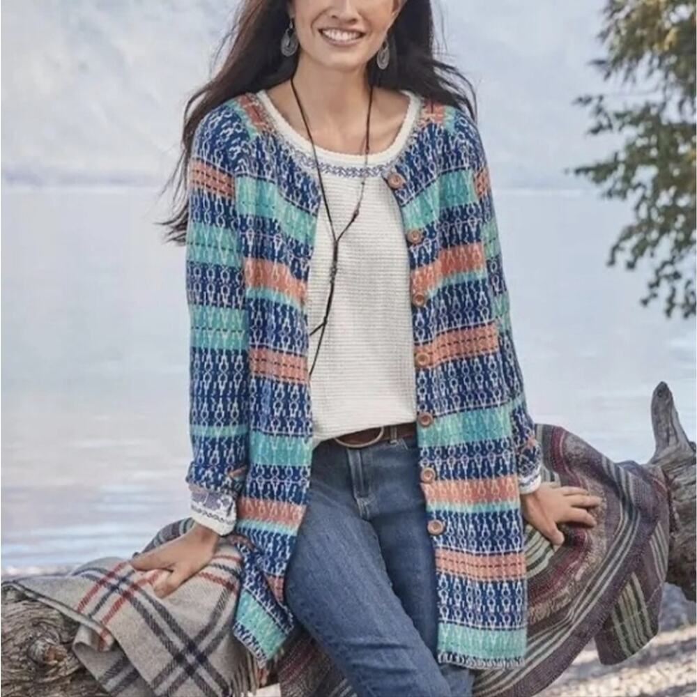 SUNDANCE Shoreline Cardigan Longline Wood Button Cotton Merino Wool Size Small